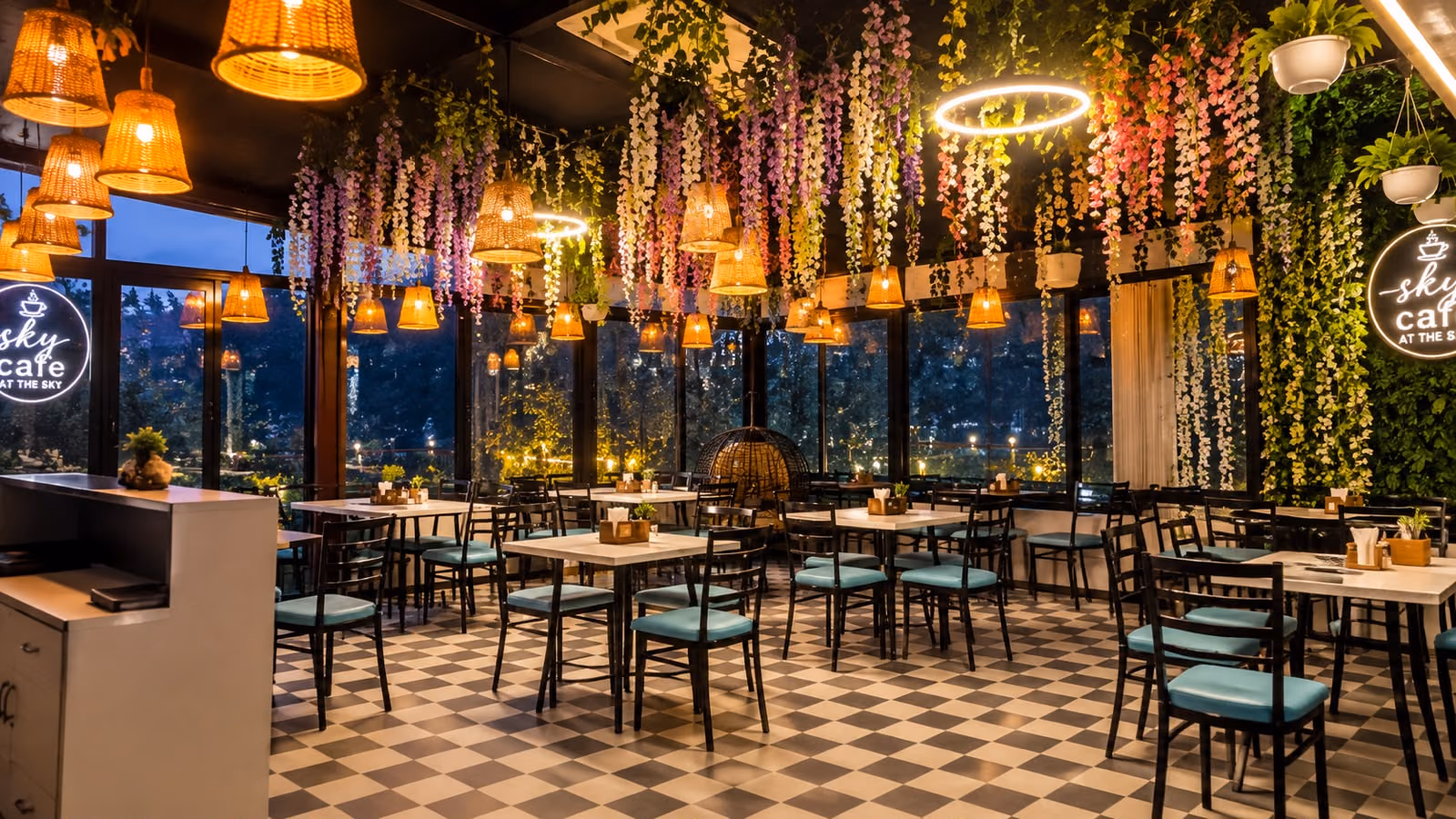 The dining room at The Sky Cafe, with hanging blooms above the tables