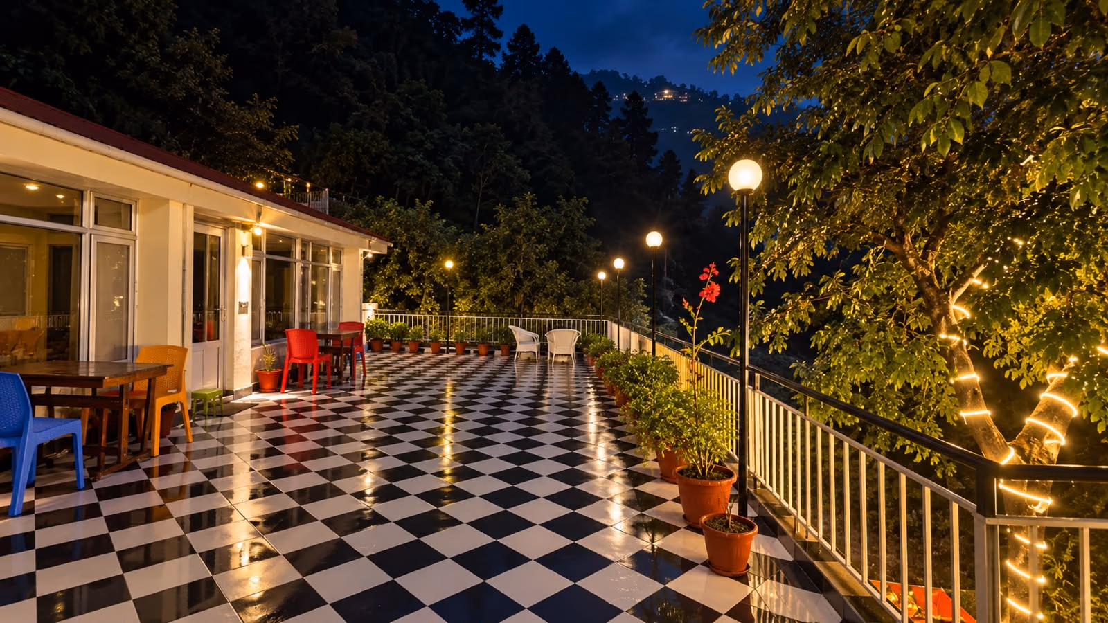 Garden stairway at sunset on the property