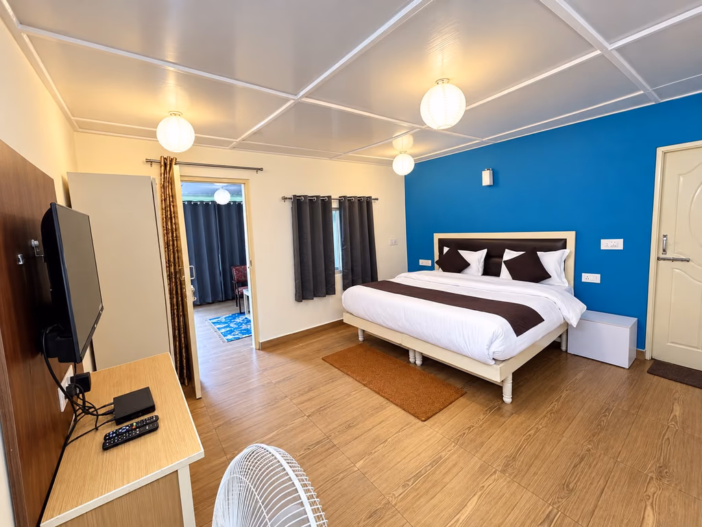 Luxury King room 105 with a blue feature wall behind the bed