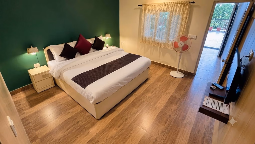 King bed with green furnishings in room 103