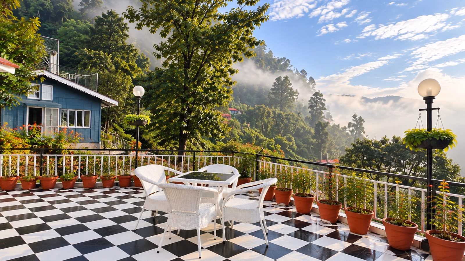Terrace view through morning fog