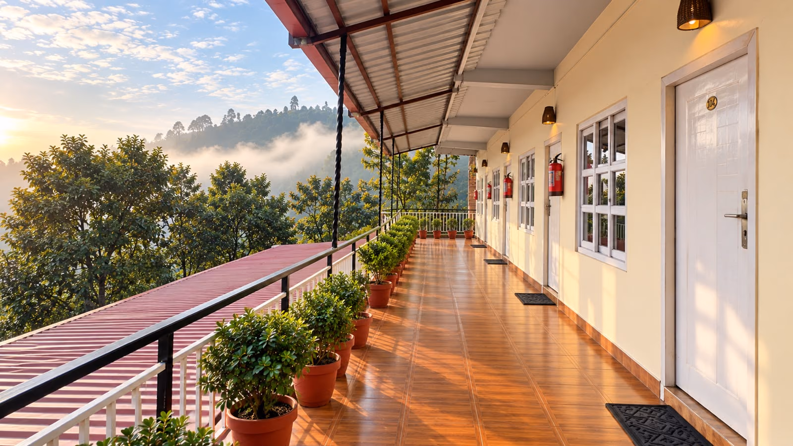 Morning light across the valley from the terrace at The Sky Hotels